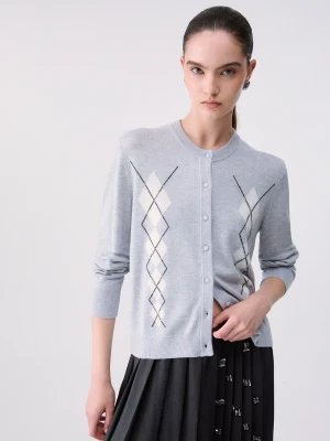 Liu Jo Wool Cardigan With Argyle Pattern szary