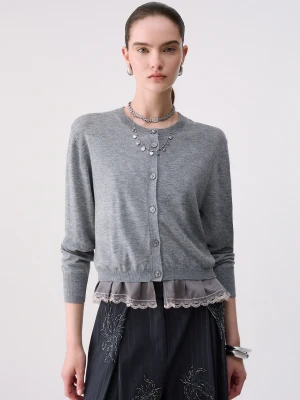 Liu Jo Wool Cardigan With Lingerie Detail Grey Mélange