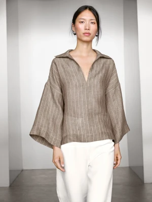 Lniana Bluzka W Paski Z Odkrytym Dekoltem - Szarobrązowy - - Massimo Dutti - Kobieta