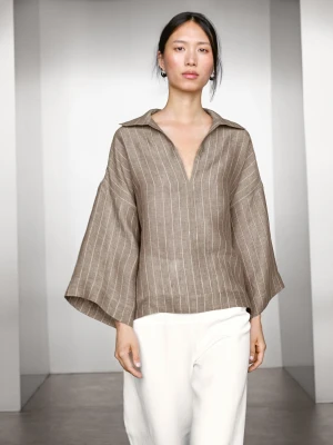 Lniana Bluzka W Paski Z Odkrytym Dekoltem - Szarobrązowy - - Massimo Dutti - Kobieta