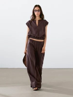 Lniana Bluzka Z Gumką U Dołu - Bakłażanowy/Oberżynowy - - Massimo Dutti - Kobieta