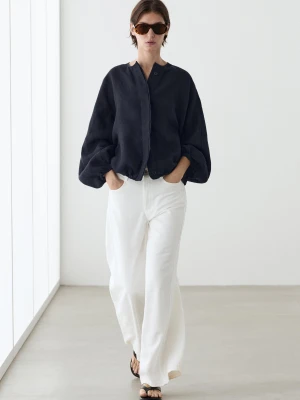 Lniana Bomberka Typu Oversize - Ciemnoniebieski - Massimo Dutti - Female