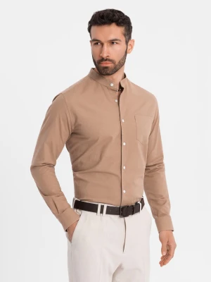 Lniana koszula męska ze stójką i kieszenią REGULAR FIT – jasnobrązowa V7 OM-SHCS-0161
 -                                    S Ombre