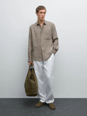 Lniana Koszula O Kroju Regular Fit W Kratkę - Popielaty Brąz - - Massimo Dutti - Mężczyzna