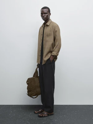 Lniana Koszula O Kroju Regular Fit W Kratkę - Zielonkawy - - Massimo Dutti - Mężczyzna