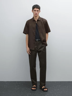 Lniana Koszula O Kroju Regular Fit Z Krótkim Rękawem - Brązowy - - Massimo Dutti - Mężczyzna
