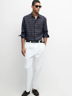 Lniana Koszula Regular Fit W Kratkę - Ciemnoniebieski - Massimo Dutti - Male