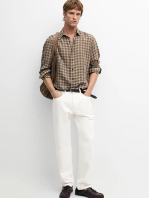 Lniana Koszula Regular Fit W Kratkę - Popielaty Brąz - Massimo Dutti - Male