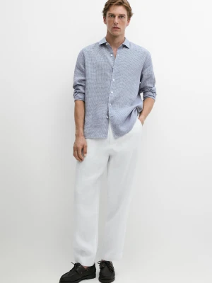 Lniana Koszula Regular Fit W Kratkę Vichy - Granatowy - Massimo Dutti - Male