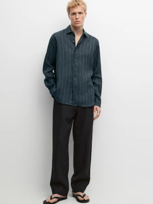 Lniana Koszula Regular Fit W Paski - Szmaragdowoniebieski - - Massimo Dutti - Male