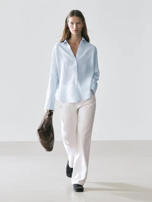 Lniana Koszula Regular Fit W Prążki - Błękitny - Massimo Dutti - Female