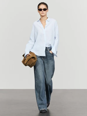 Lniana Koszula Regular Fit W Prążki - Błękitny - Massimo Dutti - Female