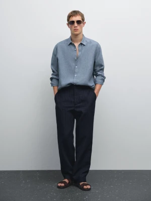 Lniana Koszula Regular Fit Z Efektem Sprania - Błękitny - - Massimo Dutti - Male