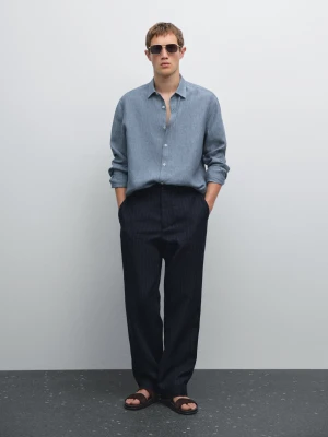 Lniana Koszula Regular Fit Z Efektem Sprania - Błękitny - - Massimo Dutti - Mężczyzna