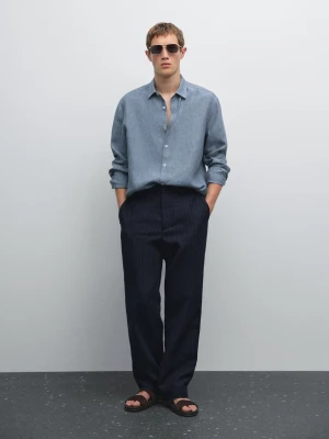 Lniana Koszula Regular Fit Z Efektem Sprania - Błękitny - - Massimo Dutti - Mężczyzna