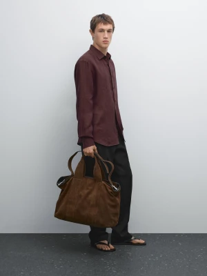 Lniana Koszula Regular Fit Z Efektem Sprania - Bordowy - - Massimo Dutti - Mężczyzna