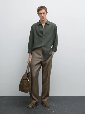 Lniana Koszula Regular Fit Z Efektem Sprania - Ciemny Khaki - - Massimo Dutti - Mężczyzna