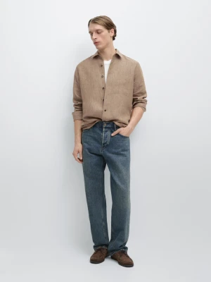 Lniana Koszula Regular Fit Z Efektem Sprania I Kieszenią - Beżowy - - Massimo Dutti - Mężczyzna