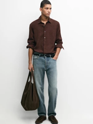 Lniana Koszula Regular Fit Z Guzikami - Brązowy - Massimo Dutti - Male