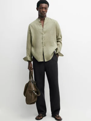 Lniana Koszula Regular Fit Ze Stójką Z Zapięciem - Jasnozielony - - Massimo Dutti - Male