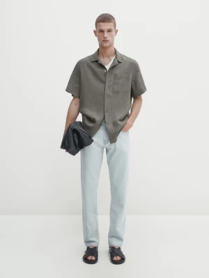 Lniana Koszula Slim Fit Z Krótkim Rękawem - Szary - - Massimo Dutti - Mężczyzna