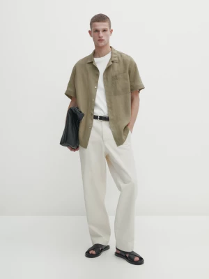 Lniana Koszula Slim Fit Z Krótkim Rękawem - Zielony - - Massimo Dutti - Mężczyzna