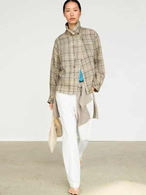 Lniana Koszula W Kratkę Z Zapięciem Na Zatrzaski - Wyblak?Y Niebieski - Massimo Dutti - Female
