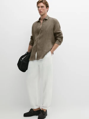 Lniana Koszula W Paski Regular Fit - Zielony - Massimo Dutti - Male