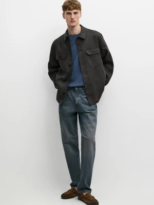 Lniana Koszula Wierzchnia Z Kieszeniami Total Look - Szmaragdowoniebieski - - Massimo Dutti - Mężczyzna