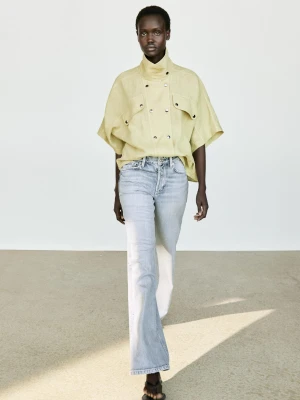 Lniana Koszula Z Krótkim Rękawem I Zatrzaskami - Limonka - Massimo Dutti - Female