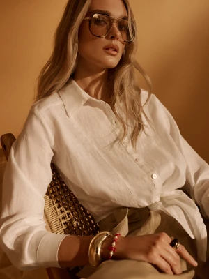 Lniana koszula z wiązaniem w białym kolorze TARANKO