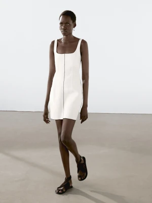 Lniana Sukienka Mini Z Kontrastowym Obszyciem - Biały - - Massimo Dutti - Kobieta