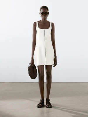 Lniana Sukienka Mini Z Kontrastowym Obszyciem - Biały - - Massimo Dutti - Kobieta