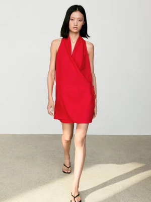 Lniana Sukienka Mini Z Kopertowym Dekoltem - Czerwony - Massimo Dutti - Female