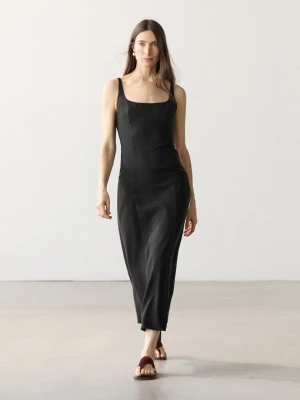 Lniana Sukienka Średniej Długości Na Ramiączkach - Czarny - - Massimo Dutti - Kobieta