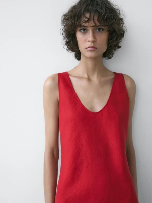 Lniana Sukienka Średniej Długości Na Ramiączkach - Czerwony - - Massimo Dutti - Kobieta