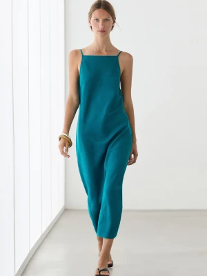 Lniana Sukienka Średniej Długości Na Ramiączkach - Turkusowy - - Massimo Dutti - Kobieta