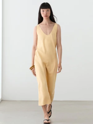 Lniana Sukienka Średniej Długości Na Ramiączkach - Żółty - - Massimo Dutti - Female