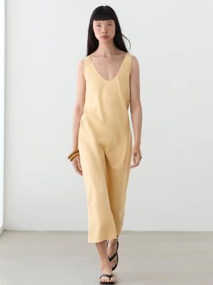 Lniana Sukienka Średniej Długości Na Ramiączkach - Żółty - - Massimo Dutti - Kobieta