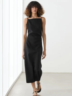 Lniana Sukienka Midi Na Ramiączkach - Czarny - - Massimo Dutti - Kobieta