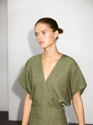 Lniana Sukienka Średniej Długości Z Krótkim Rękawem - Zielony - - Massimo Dutti - Kobieta