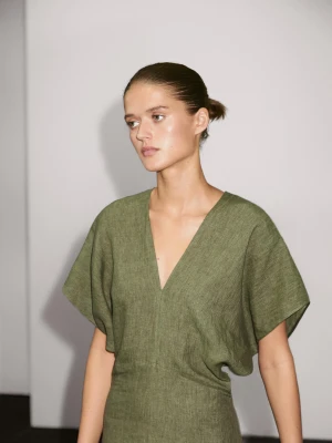 Lniana Sukienka Średniej Długości Z Krótkim Rękawem - Zielony - - Massimo Dutti - Kobieta