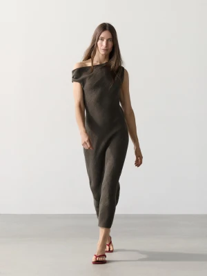 Lniana Sukienka Średniej Długości Z Ozdobnym Ramieniem - Szary - - Massimo Dutti - Kobieta