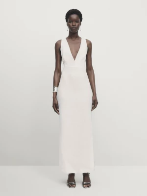 Lniana Sukienka Średniej Długości Z Ozdobnym Tyłem − Studio - Biały - - Massimo Dutti - Kobieta