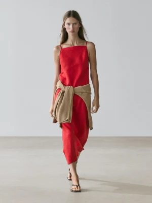 Lniana Sukienka Średniej Długości Z Prostym Dekoltem - Czerwony - - Massimo Dutti - Kobieta