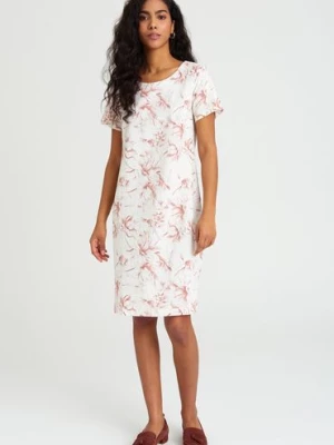 Lniana Sukienka za kolano z motywem kwiatowym biała Greenpoint