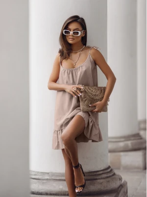 Lniana trapezowa sukienka na ramiączkach MELEA - cappuccino  magmac 