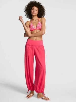 Lniane joggery z wywijanym pasem Victoria's Secret Różowy
