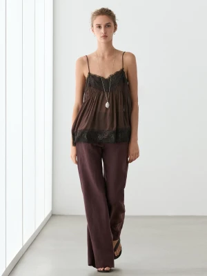 Lniane Spodnie Dzwony Ze Średnim Stanem - Bordowy - Massimo Dutti - Female