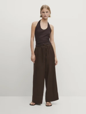 Lniane Spodnie Jogger Palazzo - Czekoladowy - - Massimo Dutti - Kobieta